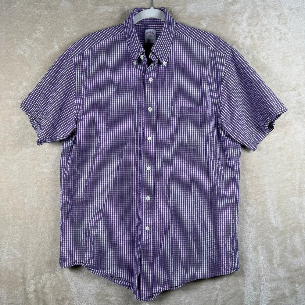 Brooks Brothers 346 Mens Purple White Gingham Seersucker Short Slv Button Down M